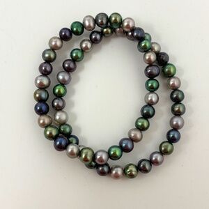 Set of Two Freshwater Pearl Stretch Bracelets Green Blue Silver Large Potato
